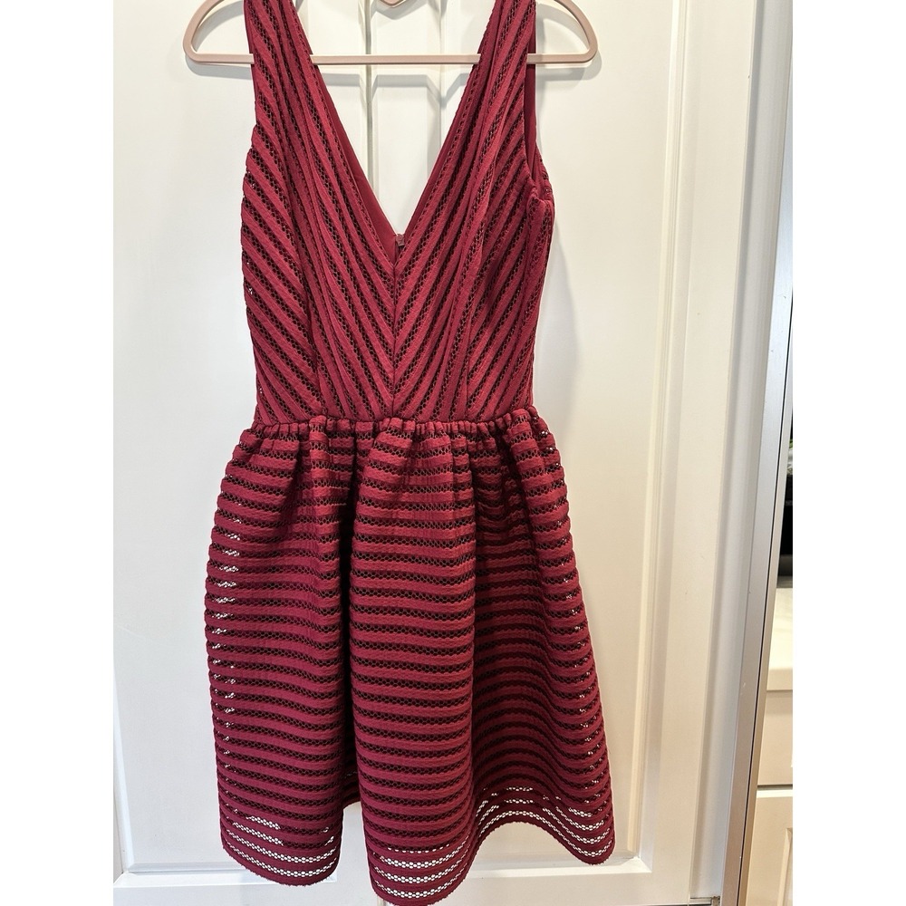 Saks Fifth Avenue Burgundy Fit & Flare Dress Medium Stripe Mesh Fabric Formal